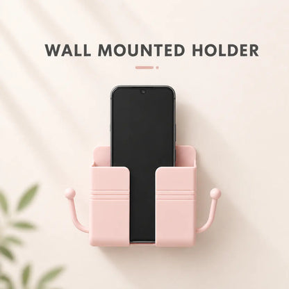 Pink-Self-Adhesive Wall-Mounted Phone Holder & Remote Control Organizer — No-Drill, Multifunctional Wall Storage Rack. Ideal for Bedrooms, Bathrooms, and Kitchens; Holds Mobile Phones (Including While Charging), TV/AC Remotes, Glasses, and Keys.